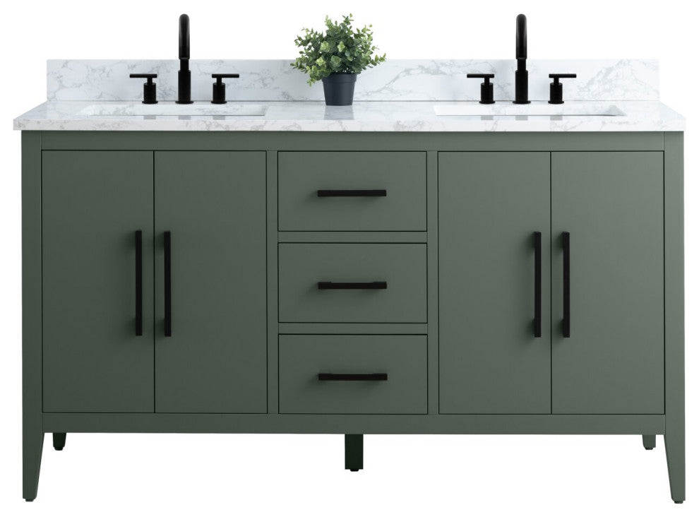 Vanity Art Bathroom Vanity With Sink, Vintage Green, 60", Double Sink, Matte Black