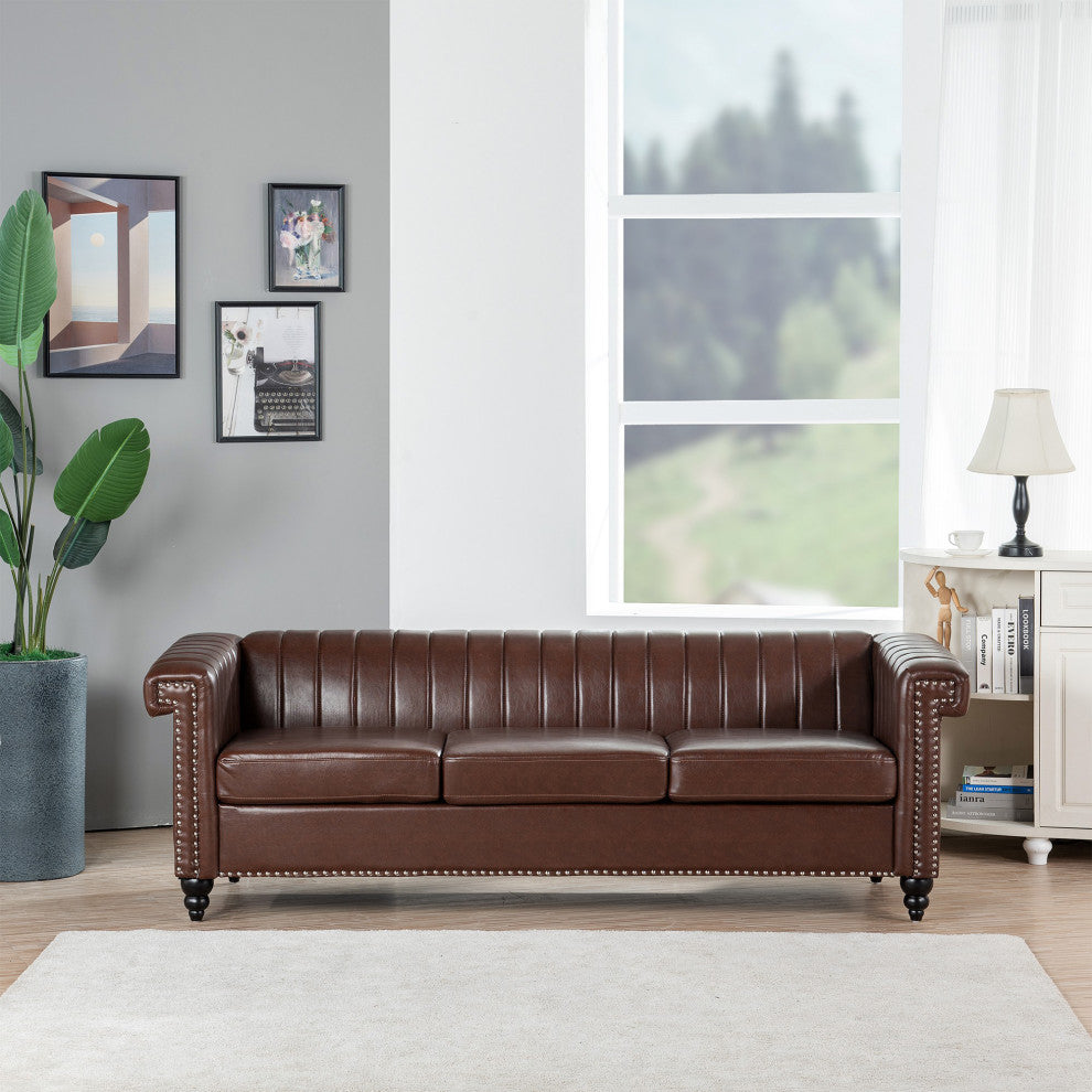 83" Faux leather Square Arm Sofa with Nailhead Trim , Dark Brown