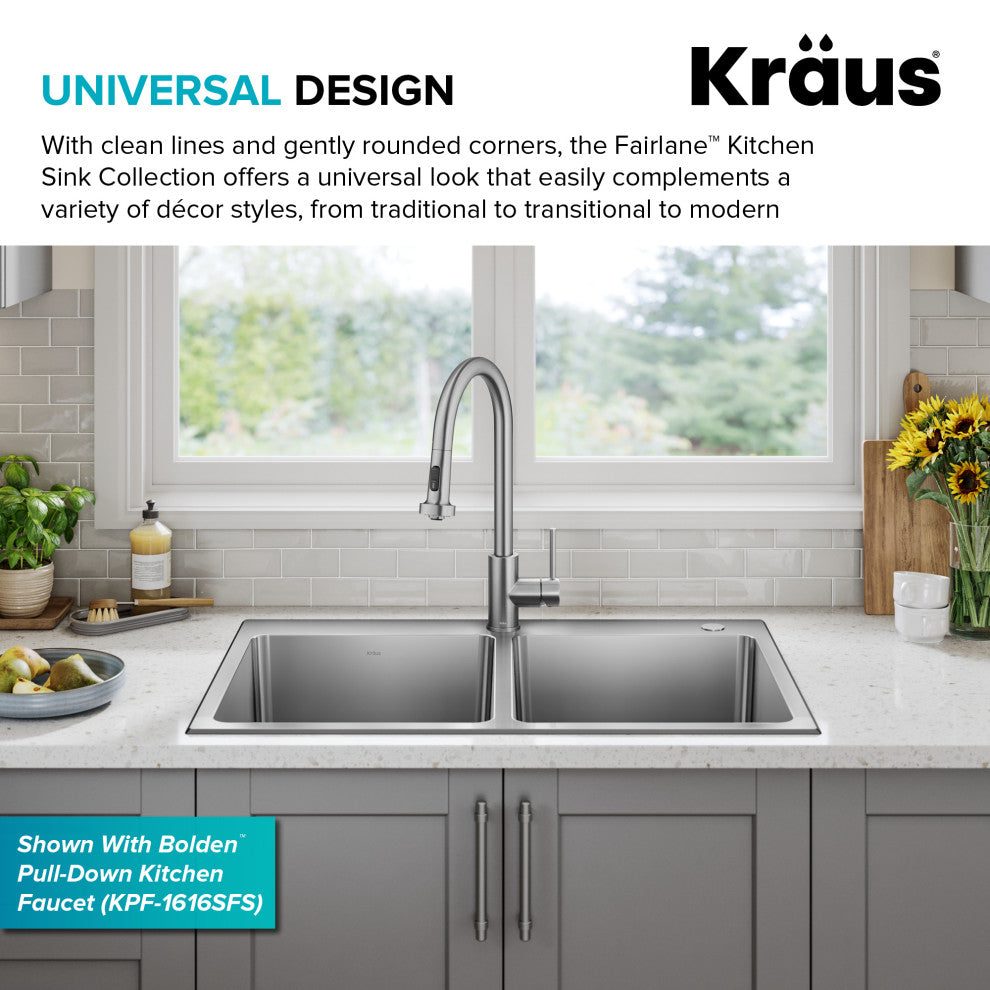 KRAUS Fairlane 33" Drop, / Top Mount 2-Bowl Stainless Steel Kitchen Sink