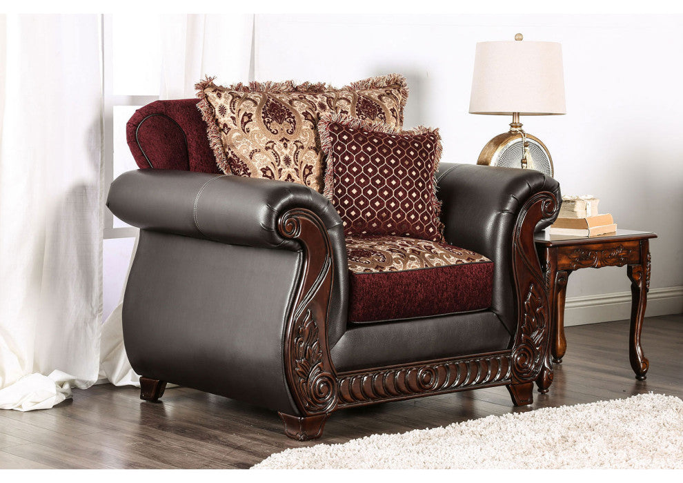 Fabric and Leatherette Chair with Rolled Arms Design, Burgundy