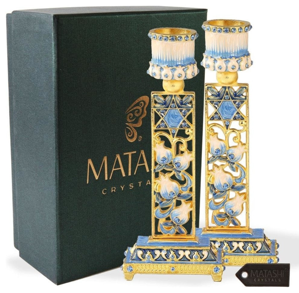 Shabbat Candlestick (2-Piece Set) Hand-Painted  Gold-Plated Pewter