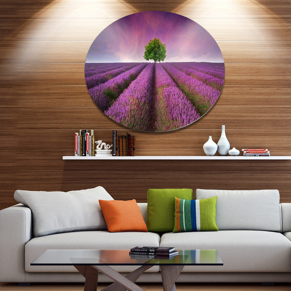 Lavender Field Sunset With Single Tree, Floral Disc Metal Artwork, 11"