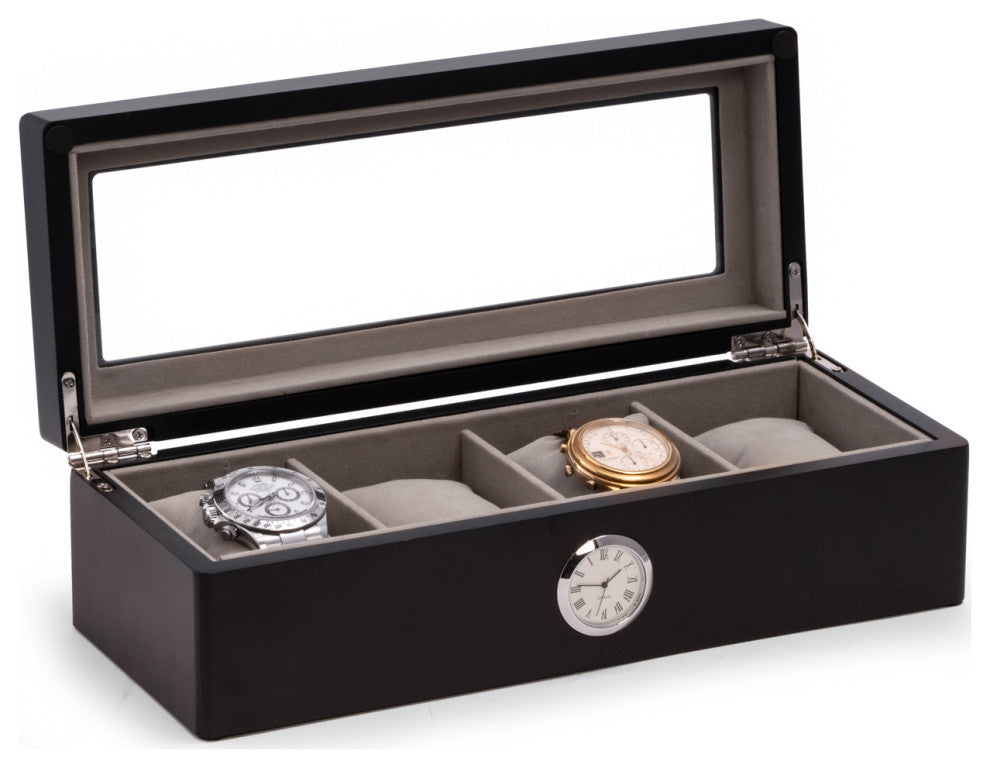 Black Wood 4 Watch Box, Quartz Movement Clock