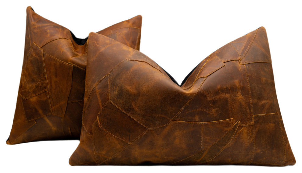 Canvello Cowhide Leather Throw Pillow Cover With Insert, 18"x18" & 16"x24"