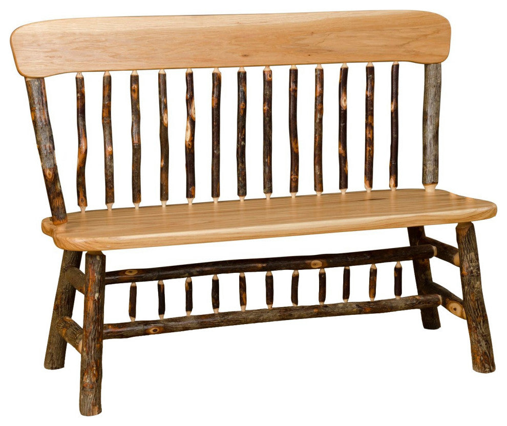 Hickory Log Panel-Back Bench, Hickory & Oak, 4 Foot, No Arms