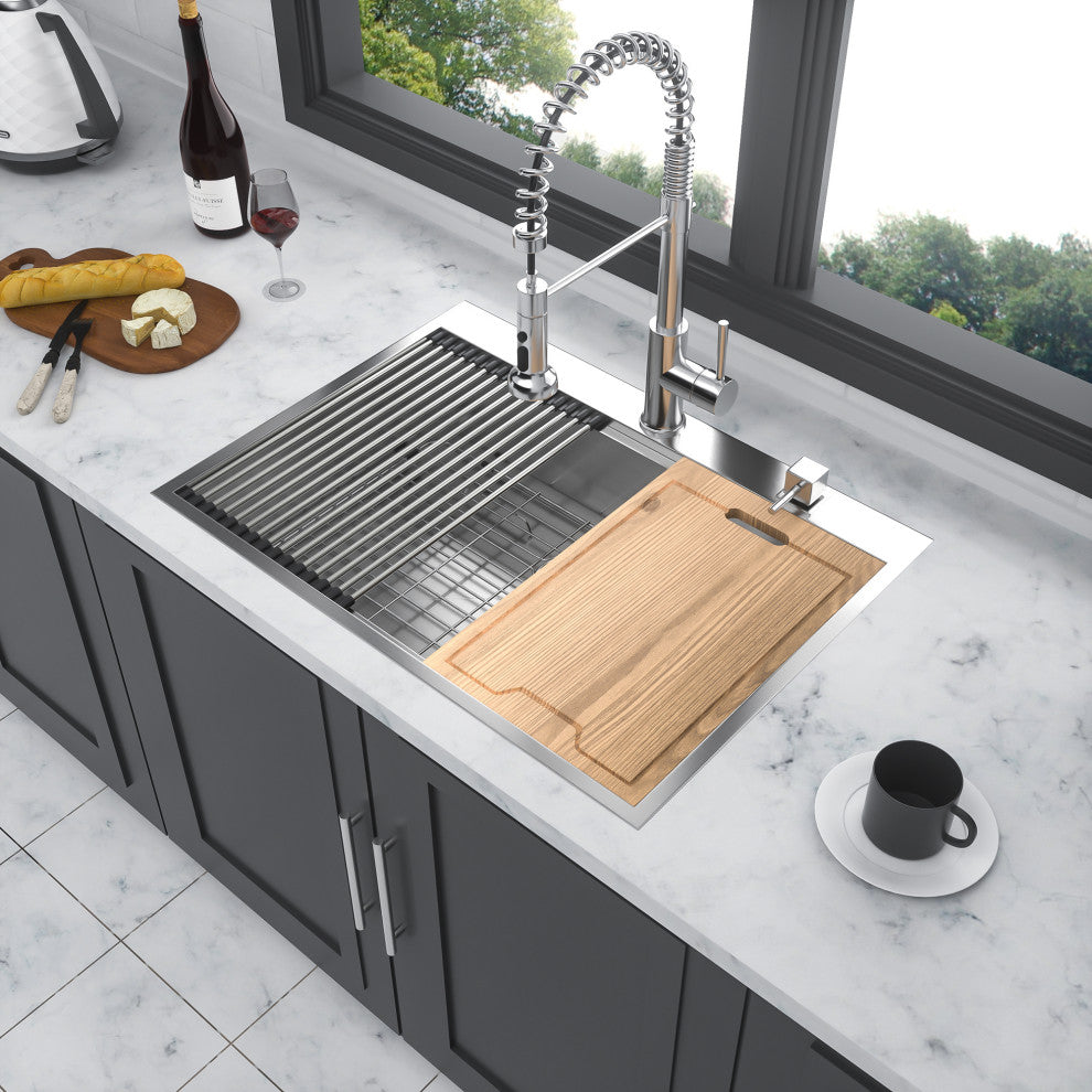 Brushed Nickel Stainless Steel 30 in. Single Bowl Drop-In Kitchen Sink with Work