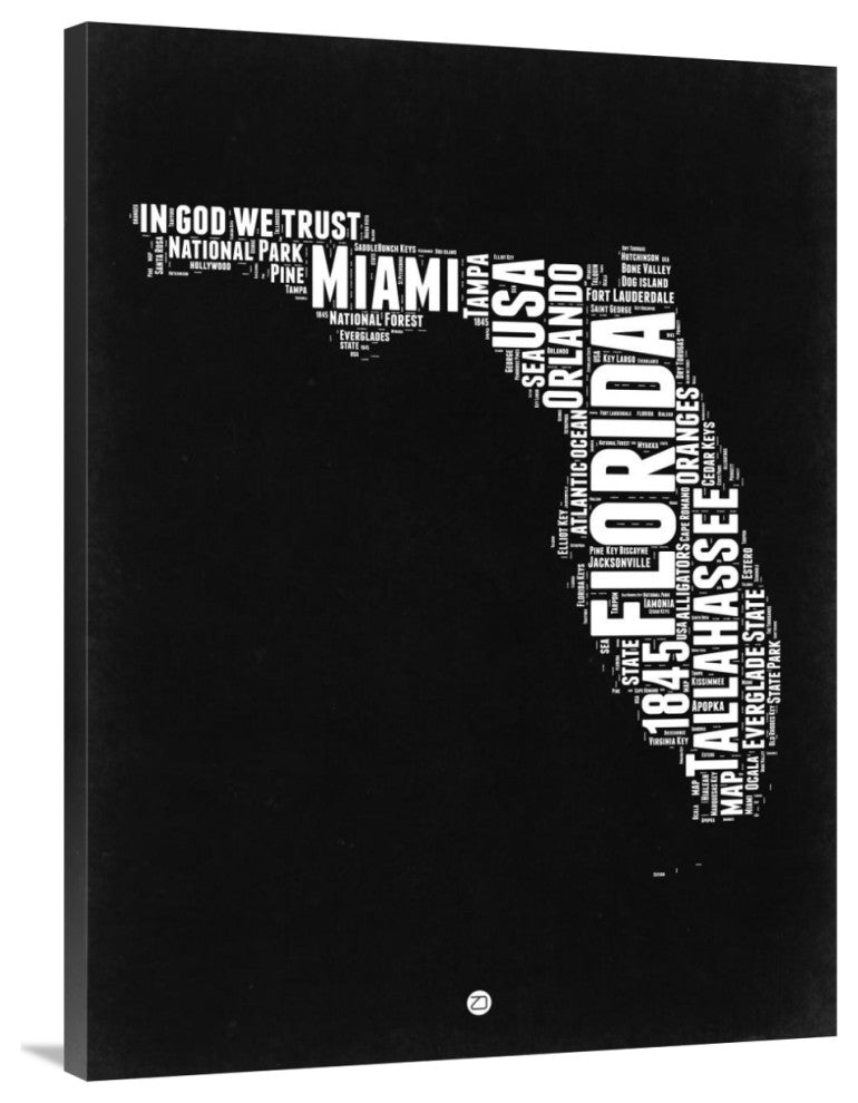 "Florida Black and White Map" Fine Art Print