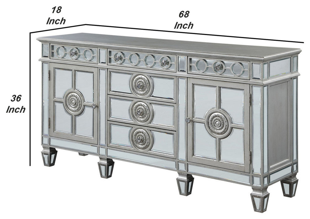 Benzara BM263898 Server With 6 Mirrored Drawers and 2 Single Doors, Silver