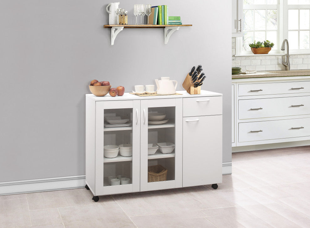 Goblin Wheeled Kitchen Storage Sideboard Buffet Cabinet, White Wood