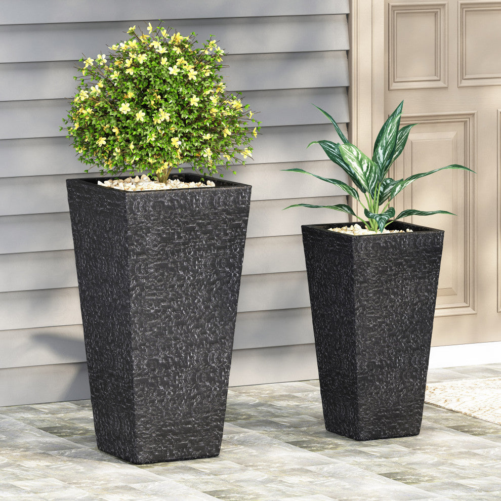 Tengren Outdoor Medium and Small Cast Stone Planters, Set of 2