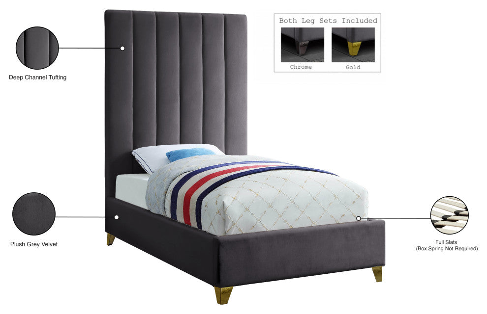 Via Velvet Upholstered Bed, Gray, Twin