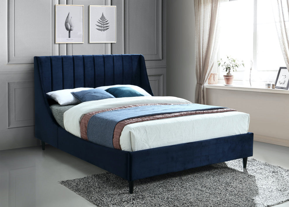 Eva Velvet Upholstered Bed, Navy, Full