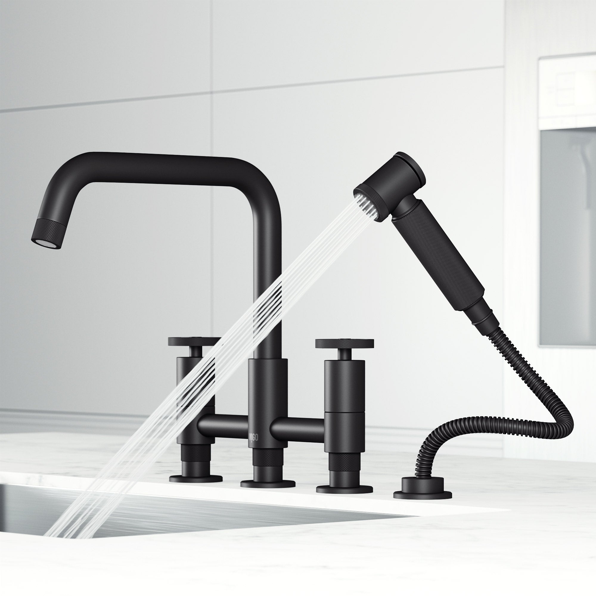 VIGO Cass 12" H 2-Handle Widespread Bridge Pull-Out Sprayer Kitchen Faucet, Matte Black