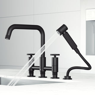 VIGO Cass 12" H 2-Handle Widespread Bridge Pull-Out Sprayer Kitchen Faucet, Matte Black