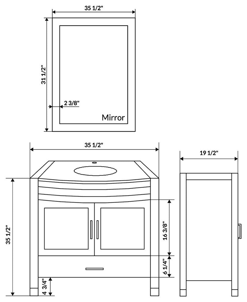 Style 3, 36"W White Vanity Sink Base Cabinet, Mirror, LV3-36W