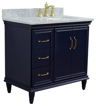 37" Single Vanity, Blue Finish With White Carrara