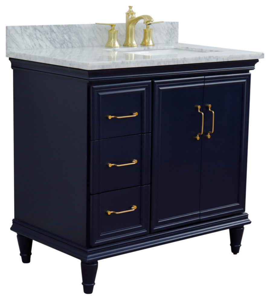 37" Single Vanity, Blue Finish With White Carrara