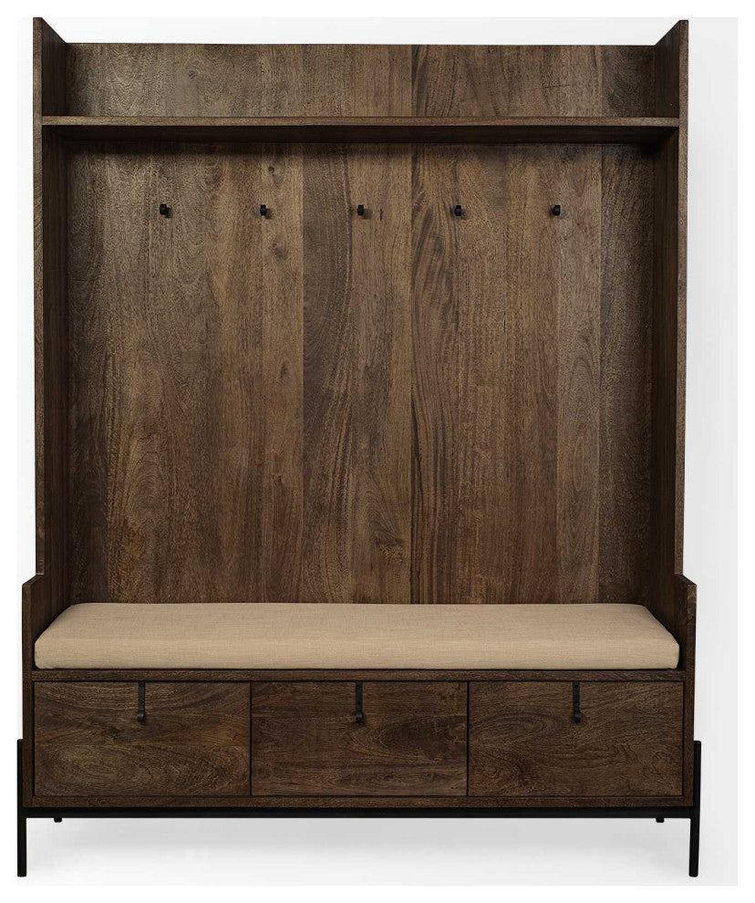 Brown Wood Cream Fabric Wrapped Seat Hall Tree With Storage