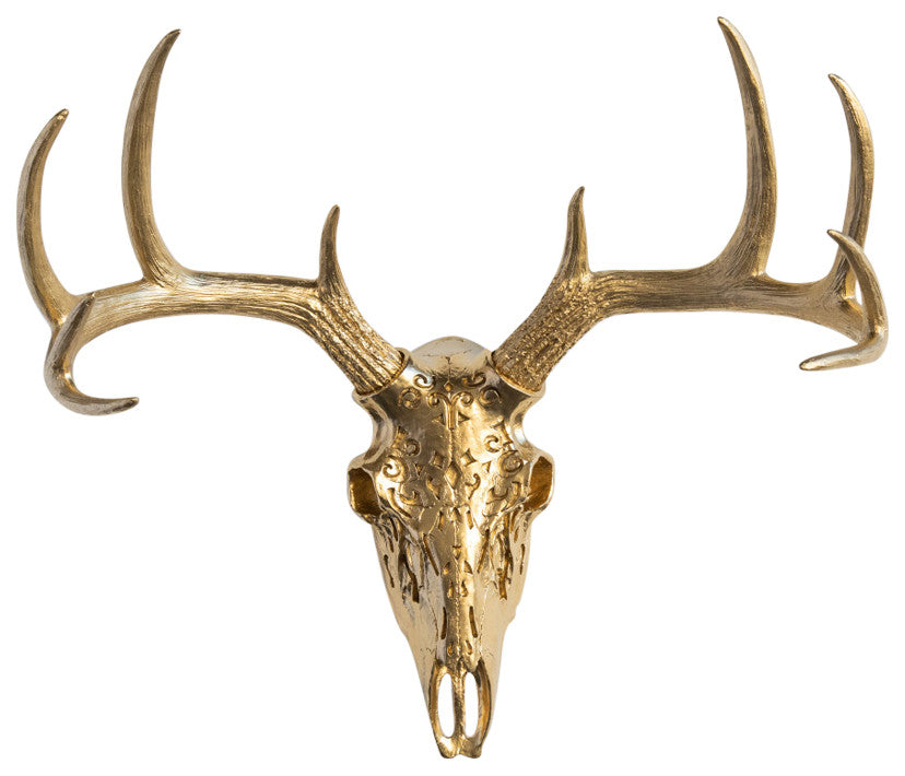 Faux Deer Skull Native American Carving Wall Decor, Gold
