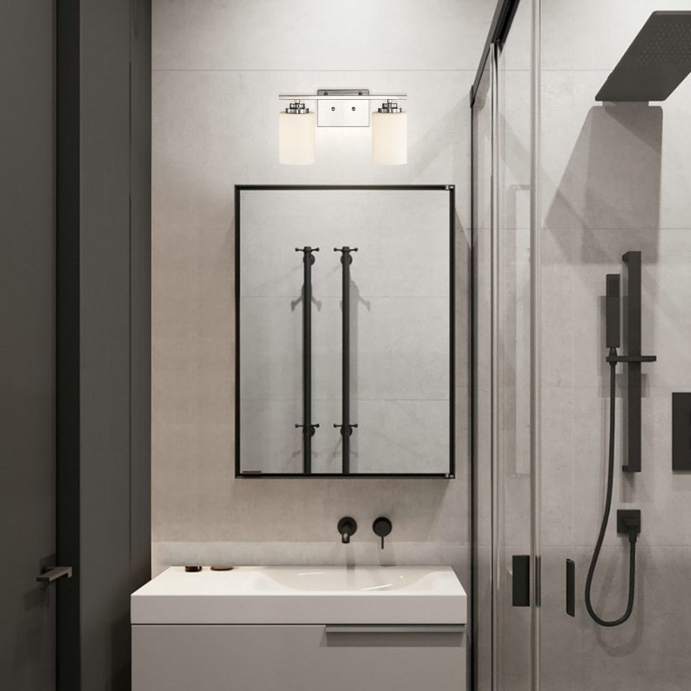 2-Light Brushed Nickel Vanity Lights With White Etched Glass Shades