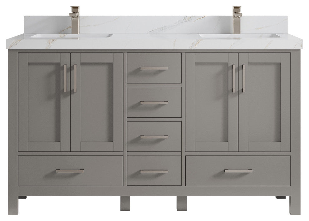 Malibu 60 Double Sink Bathroom Vanity in Elephant Skin Gray 2" Calacatta Sienna