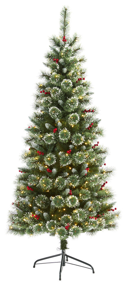 6' Frosted Swiss Pine Faux Christmas Tree With 300 Clear LED Lights and Berries