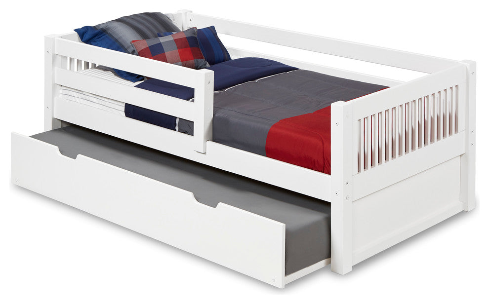 Twin Day Bed With Front Guard Rail and Twin Trundle, Mission Headboard, White