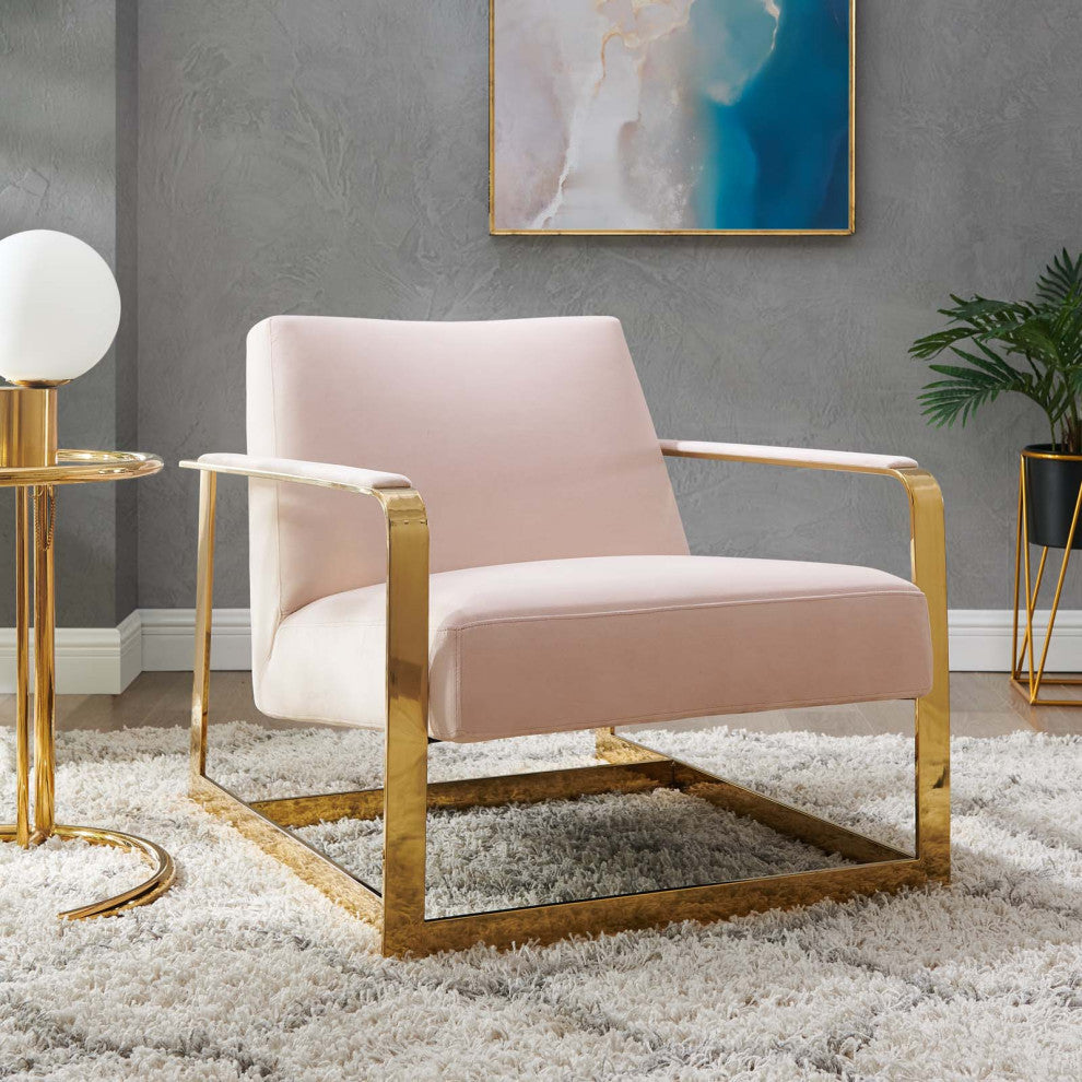 Accent Chair, Velvet, Metal, Gold Pink, Modern, Living Lounge Hotel Hospitality