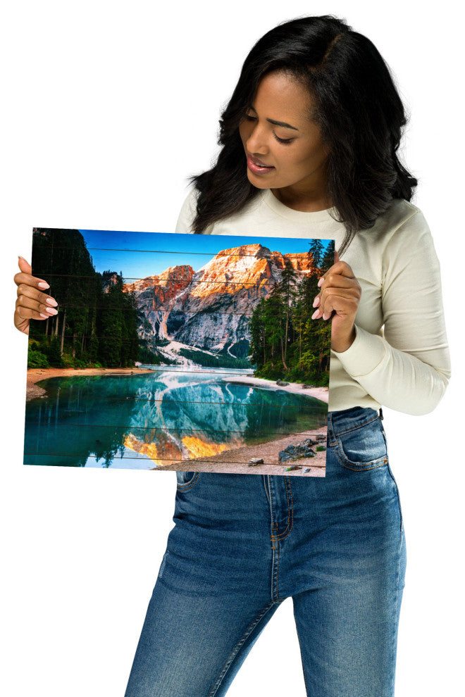 Faux Wood Misty Lake and Snow-cap Mountain Reflections Unframed Wall Art Prints, 11" X 14"