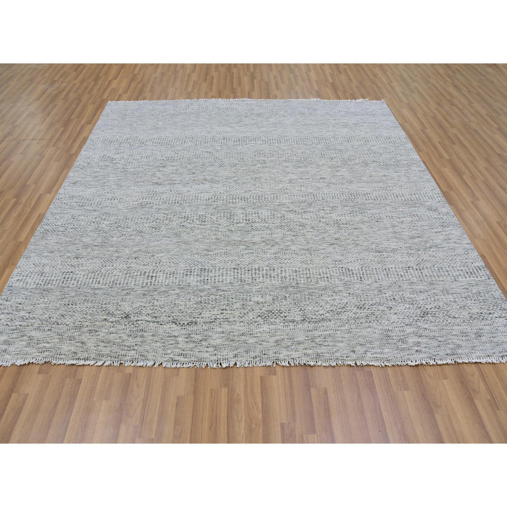 Silver Gray Undyed Wool Grass Design Hand Knotted Square Oriental Rug 8'x8'