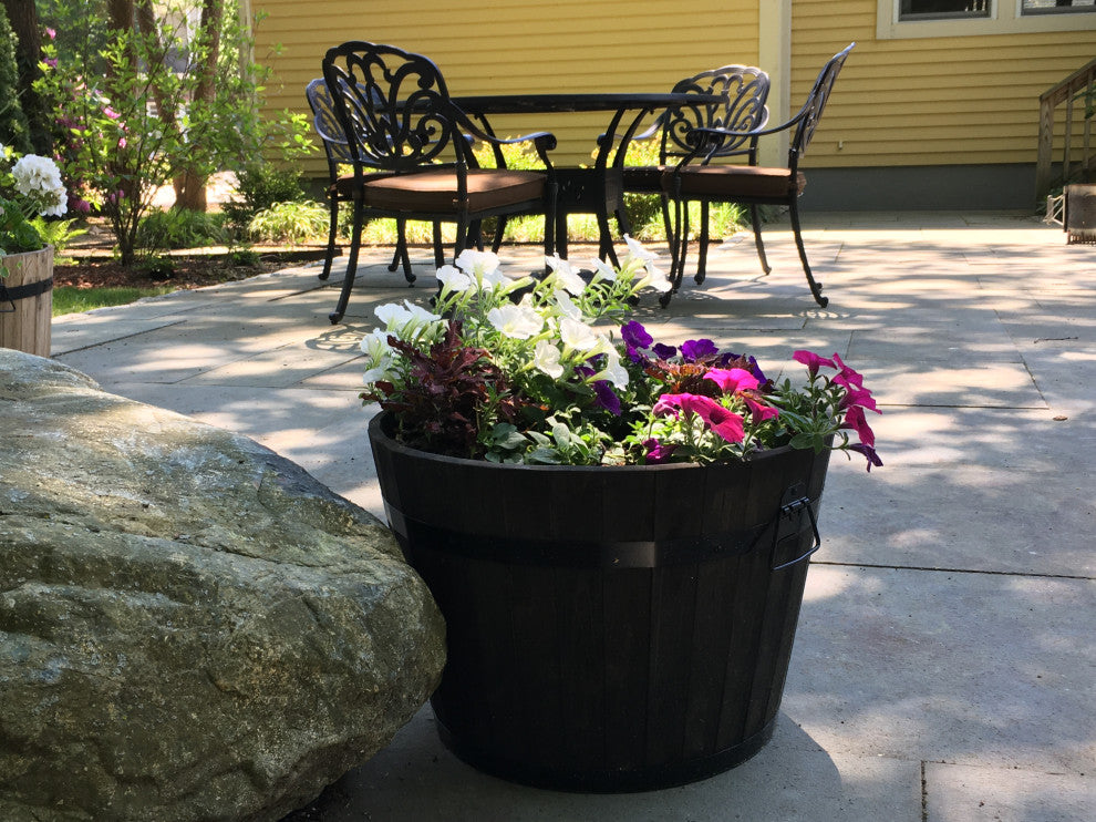 15" Wood Barrel Planter With Brown Oil