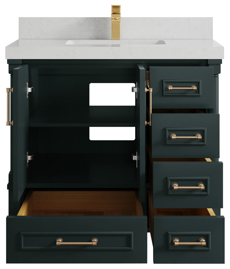 Aberdeen 36 Center Sink Bath Vanity in Dark Forest Green 2" Carrara Quartz