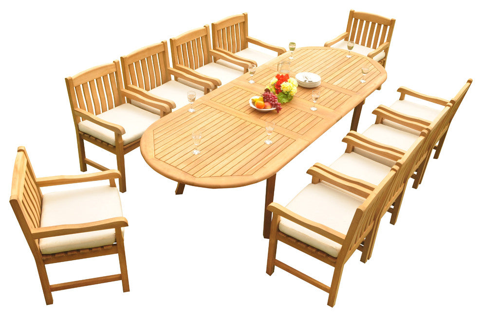 11-Piece Outdoor Teak Dining Set, 117" Extension Oval Table, 10 Devon Arm Chairs