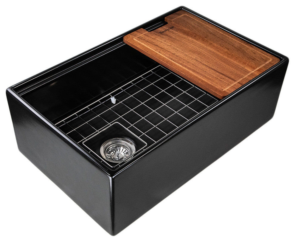 Nantucket 30" Workstation Fireclay Apron Sink Side Drain, Matte Black