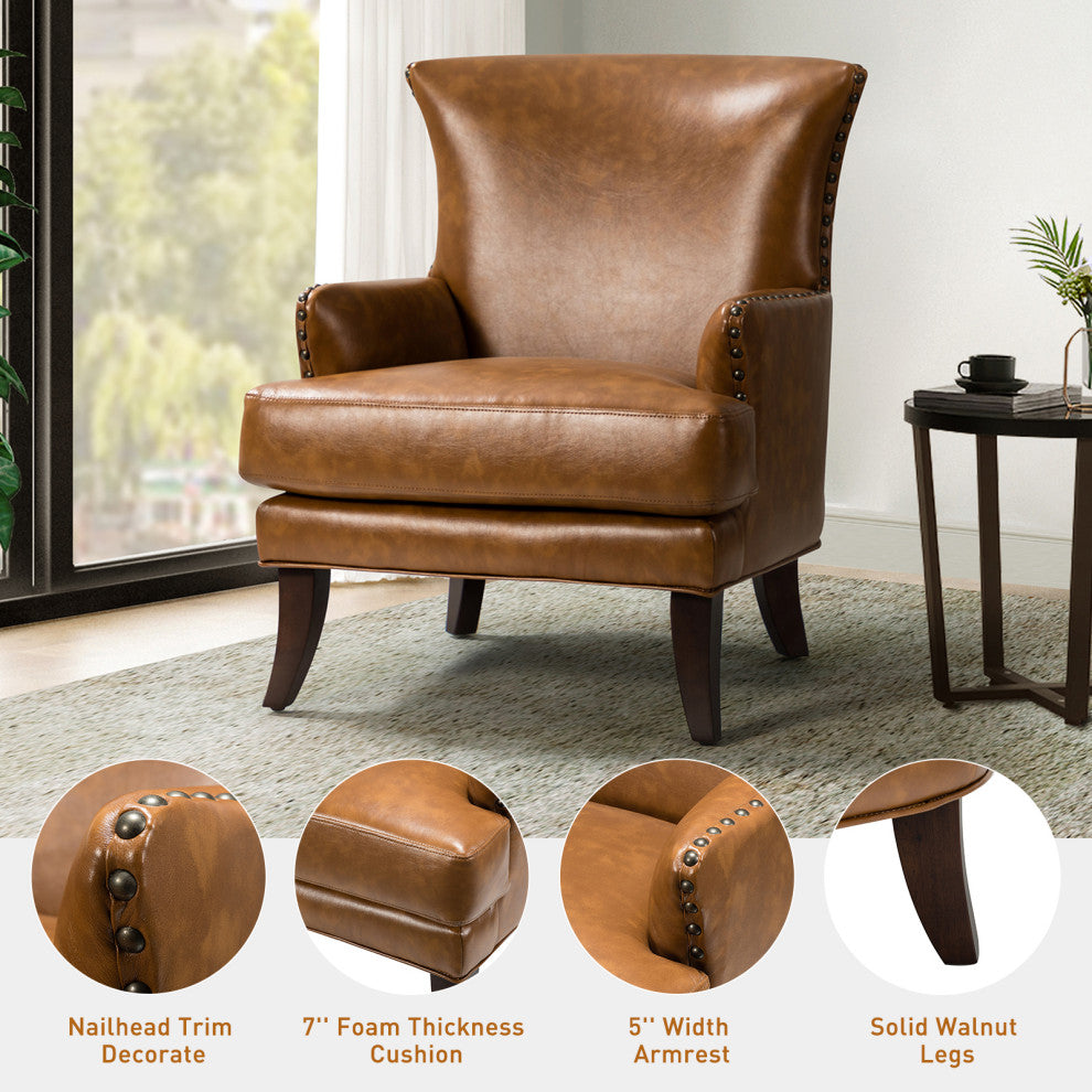 Classic Wooden Upholstered Leather Armchair, Camel