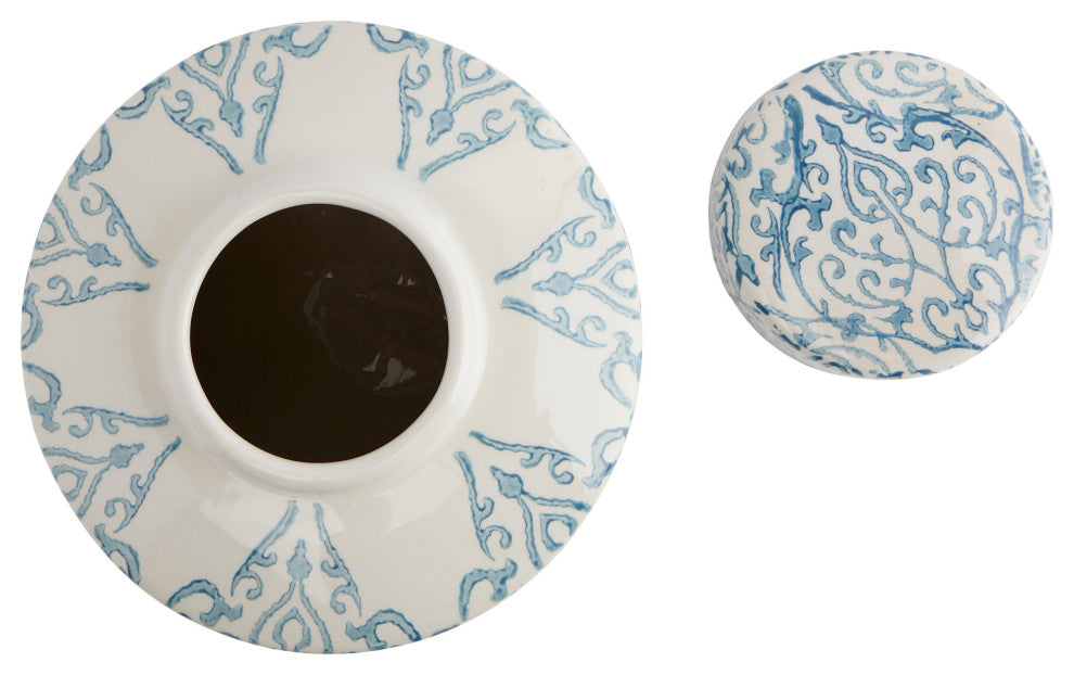 Decorative Ceramic Ginger Jar, Lid, Blue and White