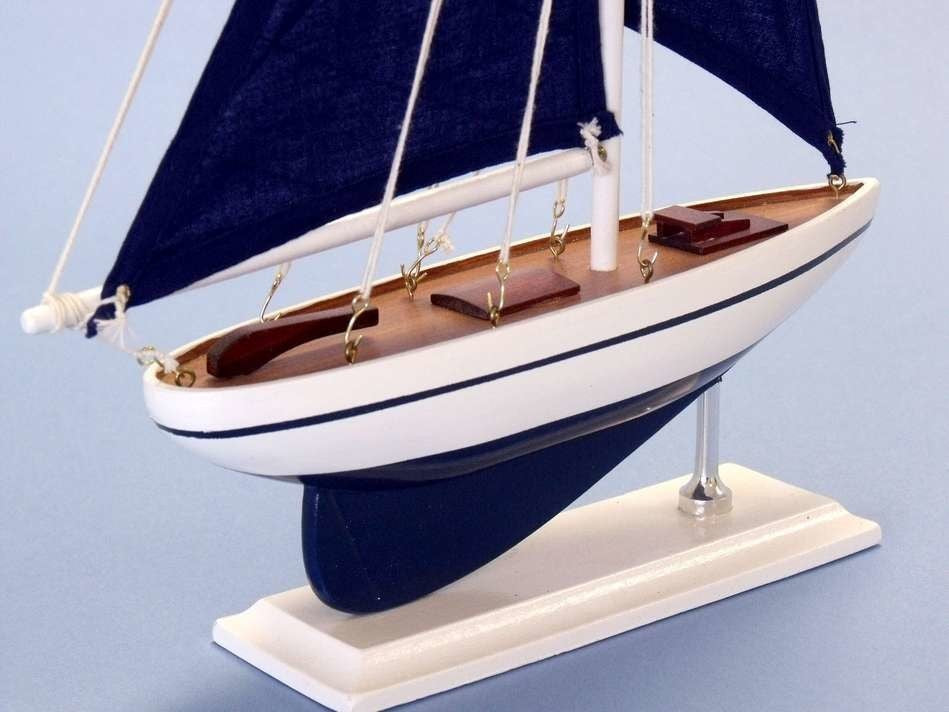 Pacific Sailer, Wood Sailing Boat Model, Blue Sails, 17", Blue