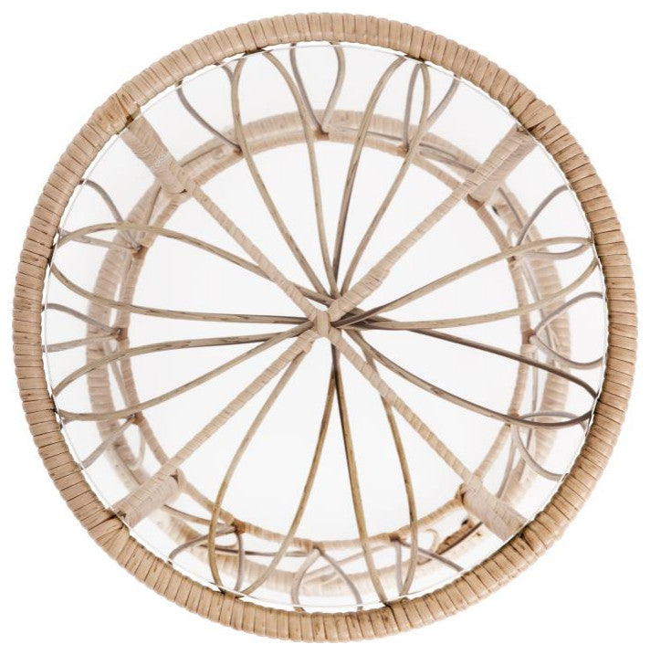 Devon 3-Piece Bistro Set, 2 Papasan Chairs w/Cushions, Glass Top Side Table, Tan