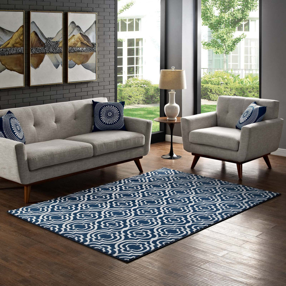 Moroccan Blue and Ivory Frame Transitional Moroccan Trellis 8x10 Area Rug