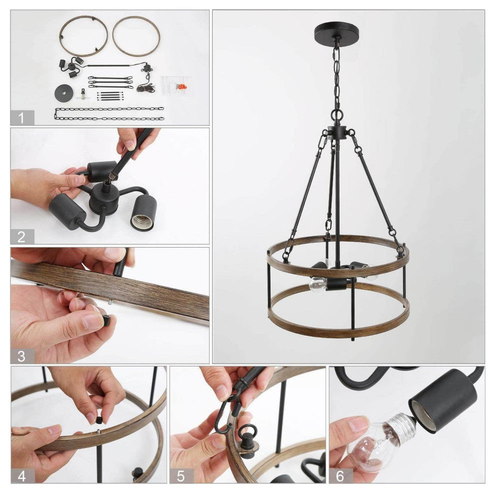 LNC 3-Light Drum Farmhouse Metal Black Pendant Chandelier 23"H