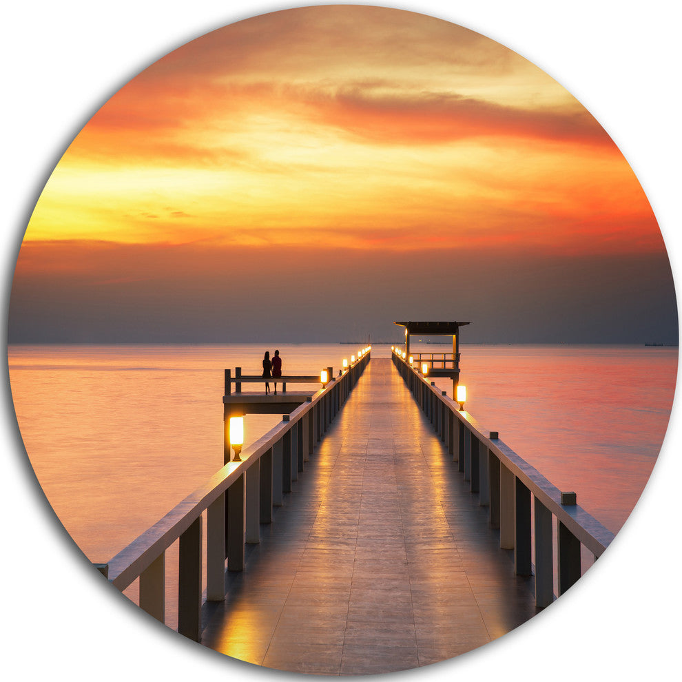 Yellowish Sky And Long Wooden Bridge, Seascape Round Wall Art, 11"