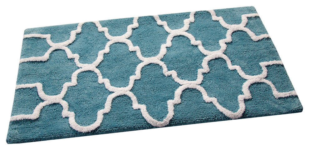 Cotton Dual Color Geometric Pattern Bath Rug, Arctic Blue, 34"x21"