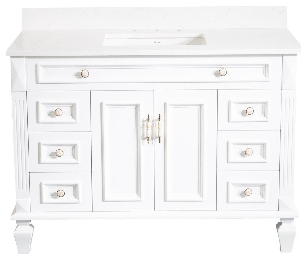 Solid Wood Bathroom Vanity with Quartz Top and cUPC Certified Sink, White, 48 Inch