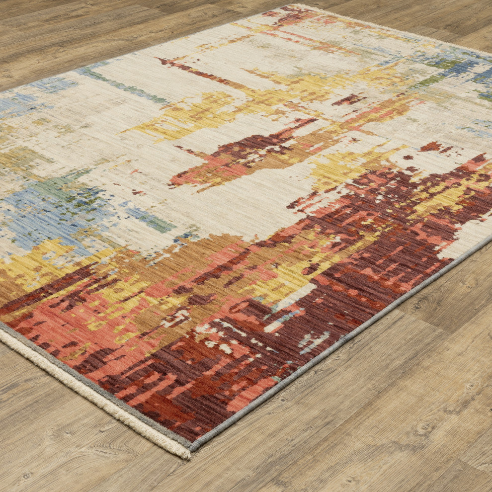 Saturn Distressed Abstract Beige/Multi Wool Blend Area Rug 6'7" x 9'6"