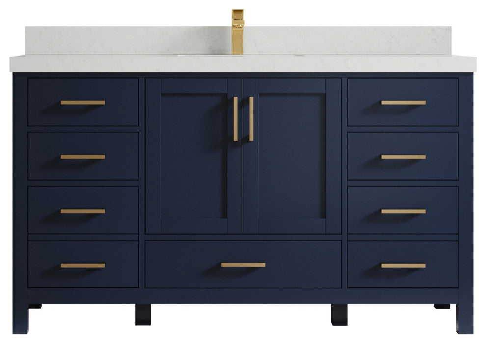 Malibu 60 Single Sink Bathroom Vanity in Navy Blue 2" Carrara Quartz