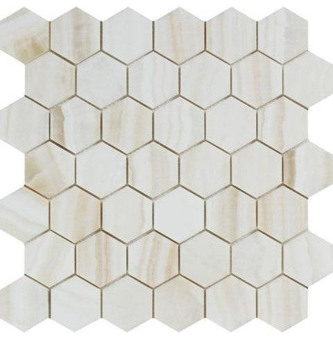 Premium White Onyx CROSS-CUT Polished 2" Hexagon Mosaic Tile