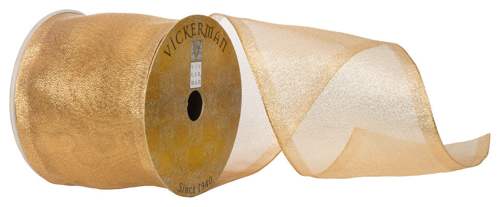 Shiny Wired Edge Christmas Ribbon, Gold, 4" x 10yd