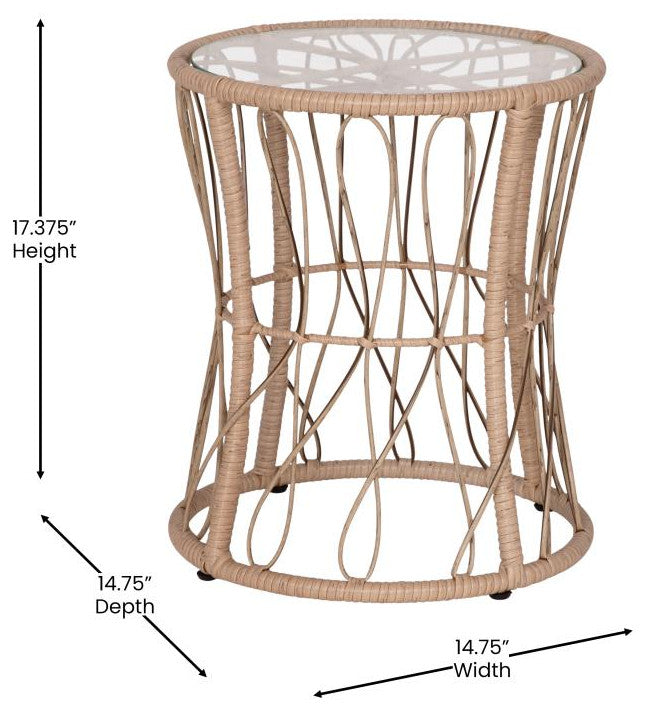 Devon 3-Piece Bistro Set, 2 Papasan Chairs w/Cushions, Glass Top Side Table, Tan