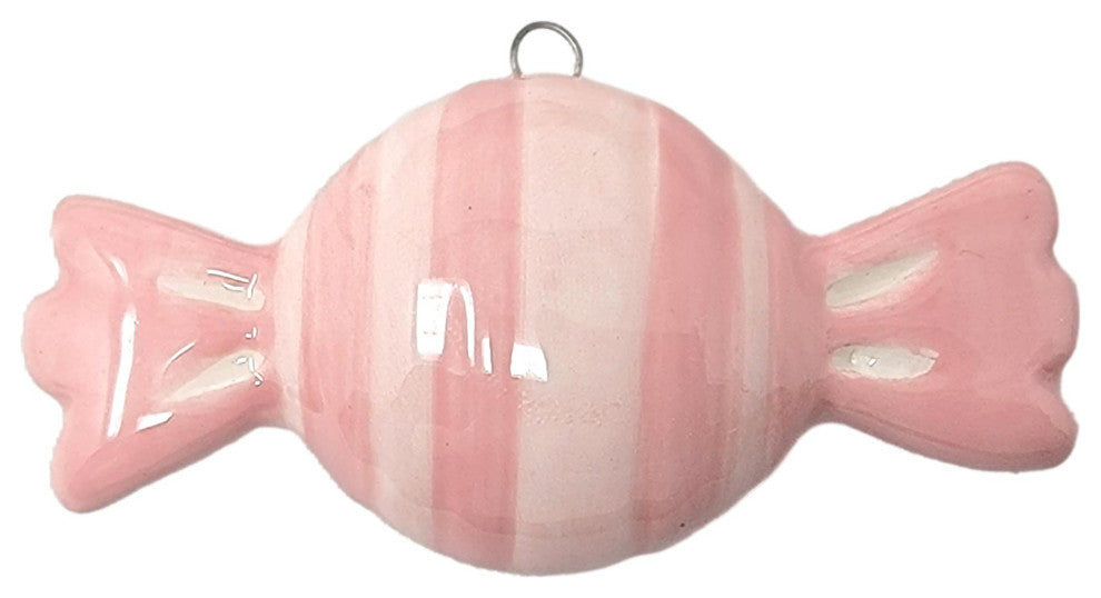 Set of 3 Striped Ceramic Candy Ornaments Bonbon Old Fashioned Vintage Style, Red Swirl/Blue/Pink