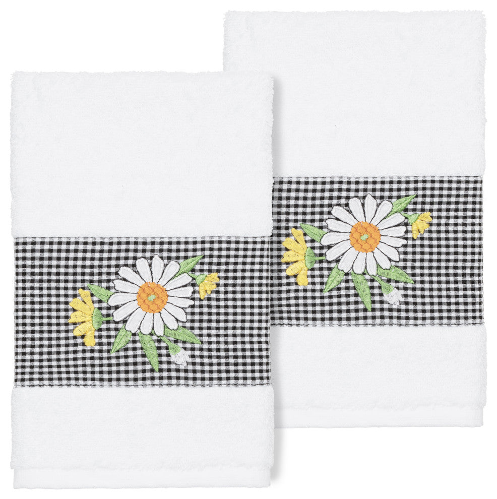 Linum Home Turkish Cotton Daisy 2-Piece Embellished Hand Towel Set, White
